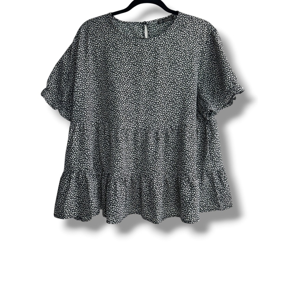 PrettyGarden Babydoll Top Women XL B&W Leopard Print Tiered Ruffle Blouse